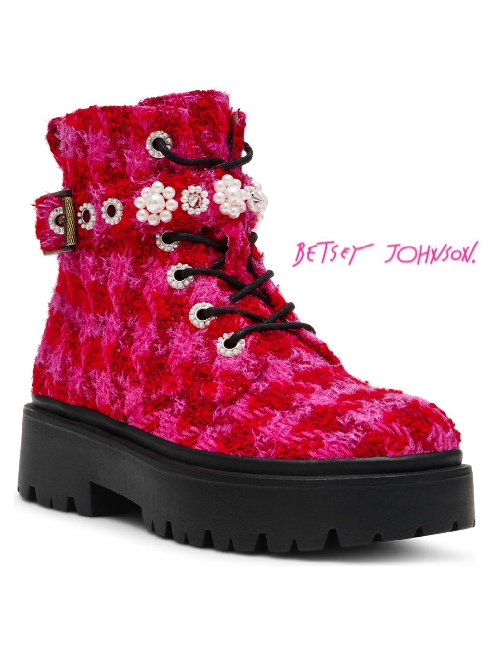 Betsey Johnson Hot Pink Tweed Pearl-Embellished Lace-Up Combat Boot